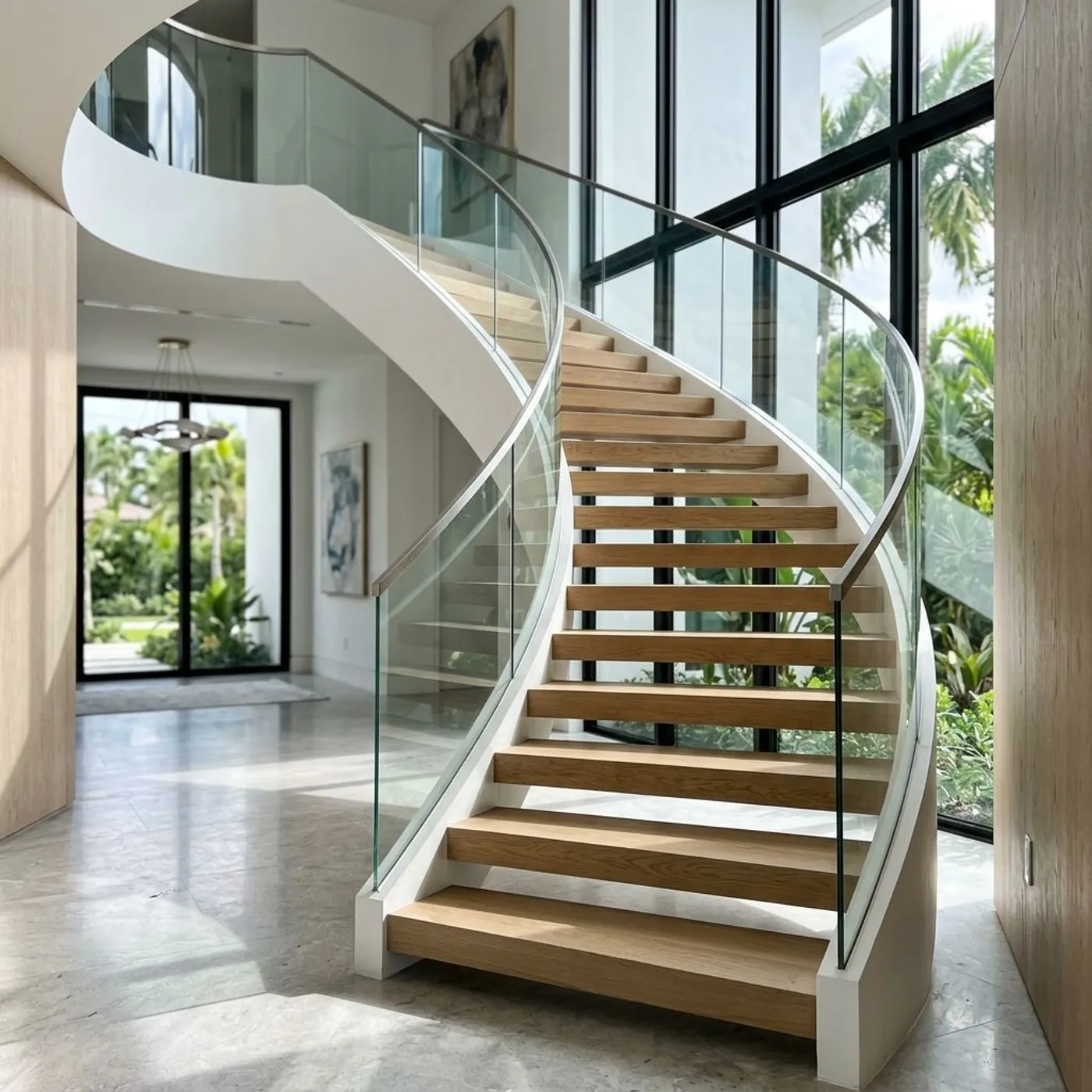 Curved cantilevered staircase in a Nassau County custom home foyer