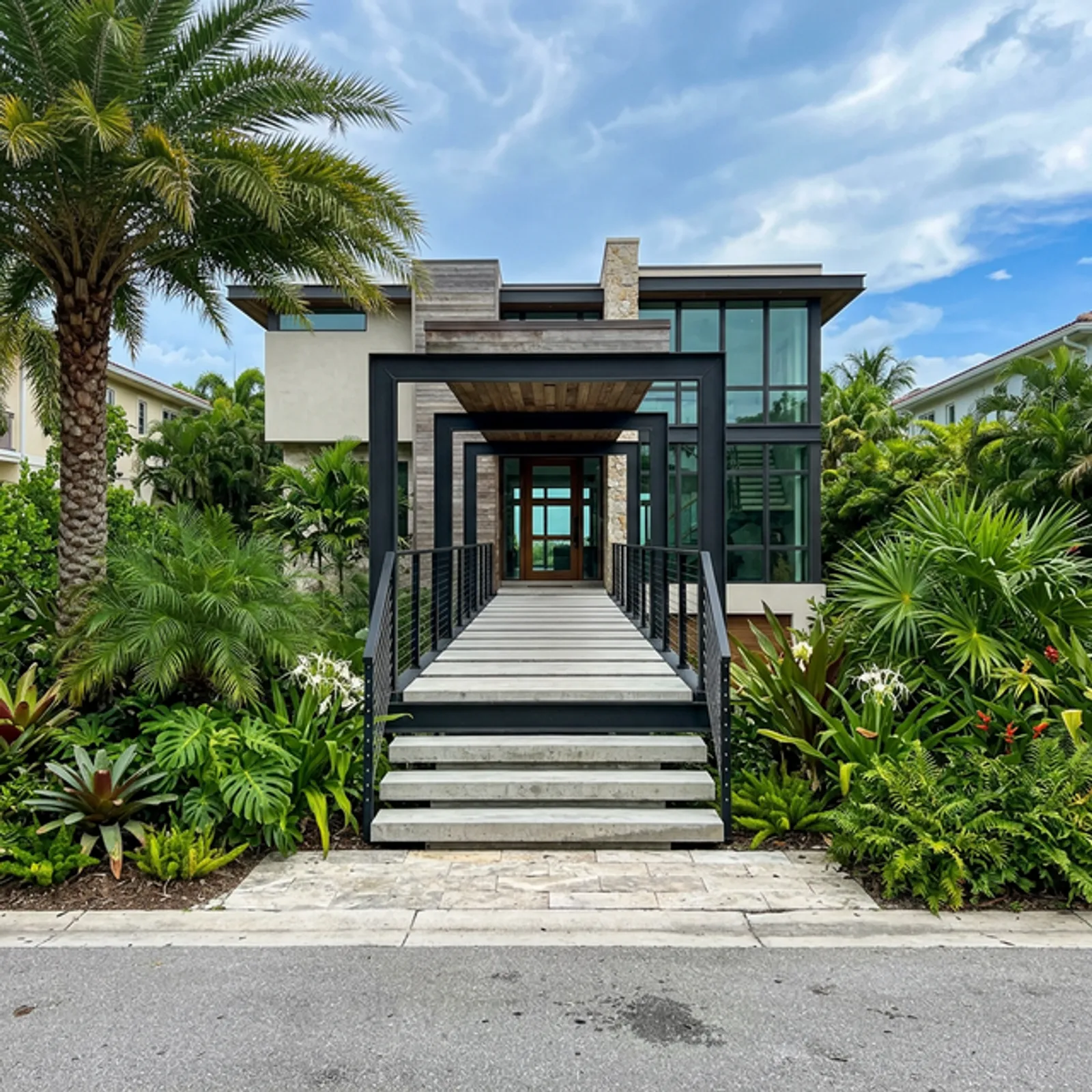 Exterior floating stair entryway designed for Long Island winters and coastal conditions