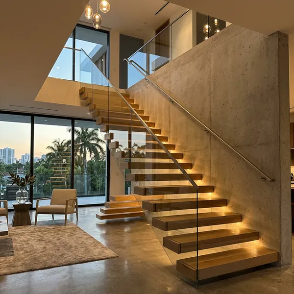 Wall framing reinforcement detail showing sister studs and blocking for floating stair anchor support