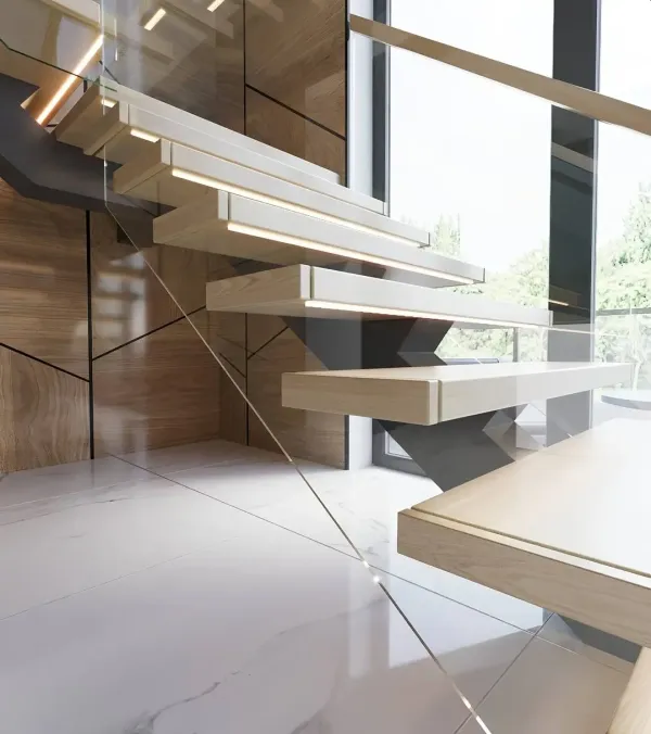Glass tread stair installation with marine-grade standoff fittings in a Nassau County home