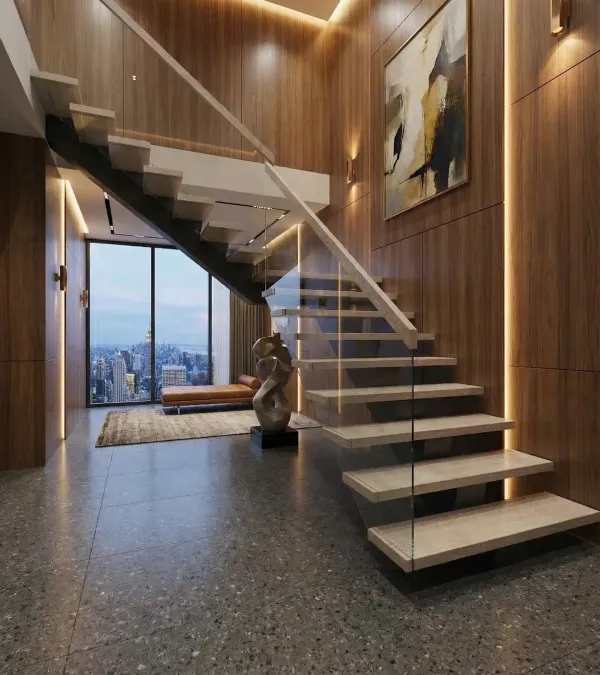 Hot-dip galvanized steel stringer detail on a Long Island floating stair system