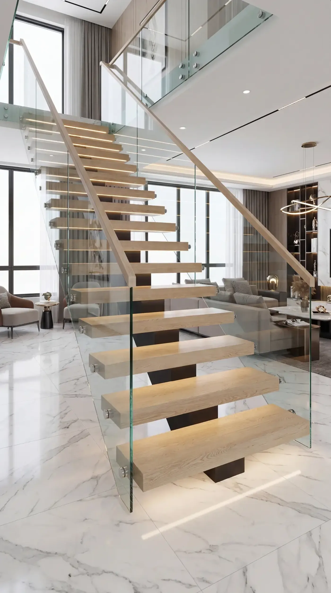 Glass tread cantilevered stair system installed in a Long Island home