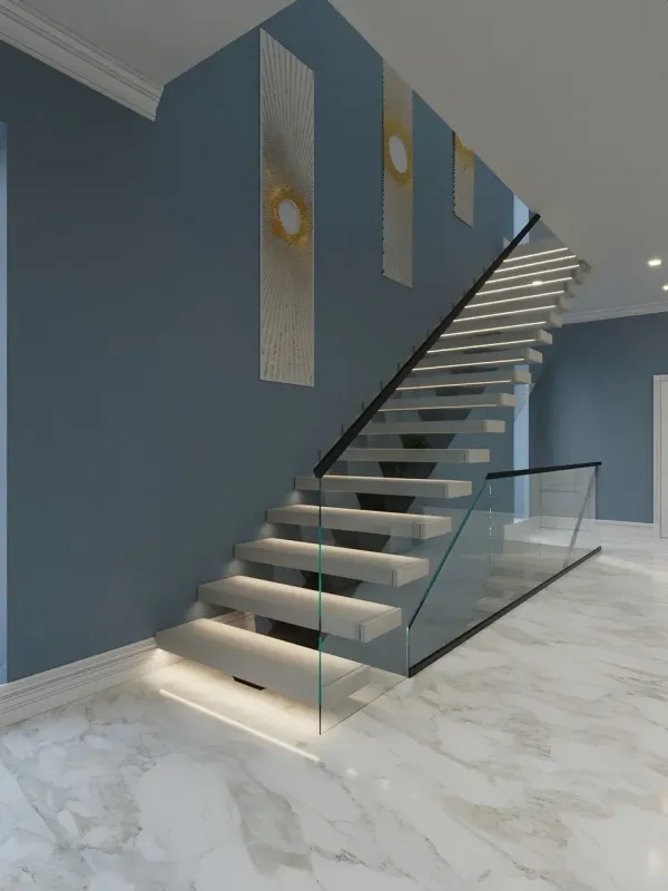 Concealed LED lighting glowing from inside a floating stair stringer in a Long Island home