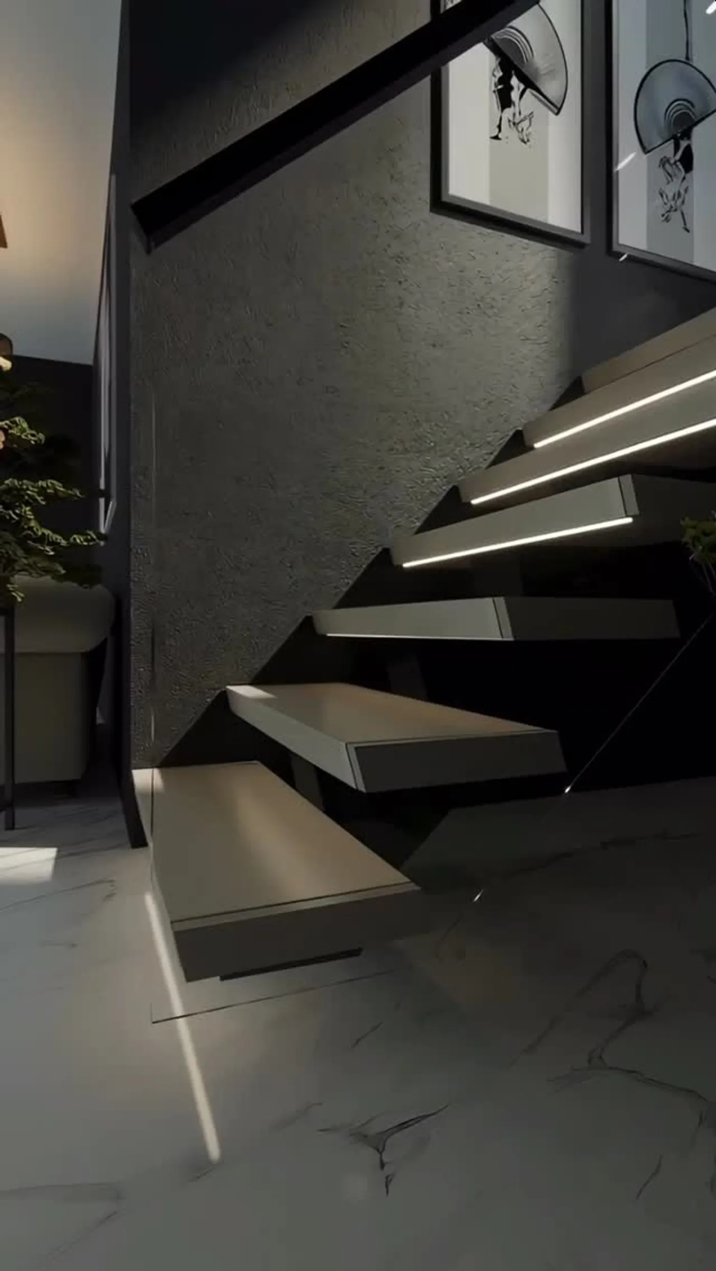 Integrated LED lighting system illuminating floating stair treads in a Nassau County home