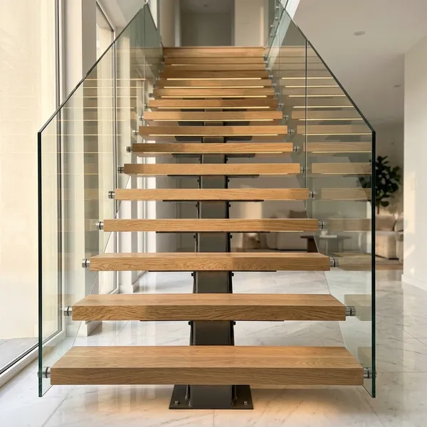 Glass panel installation on a floating stair balustrade system in Nassau County