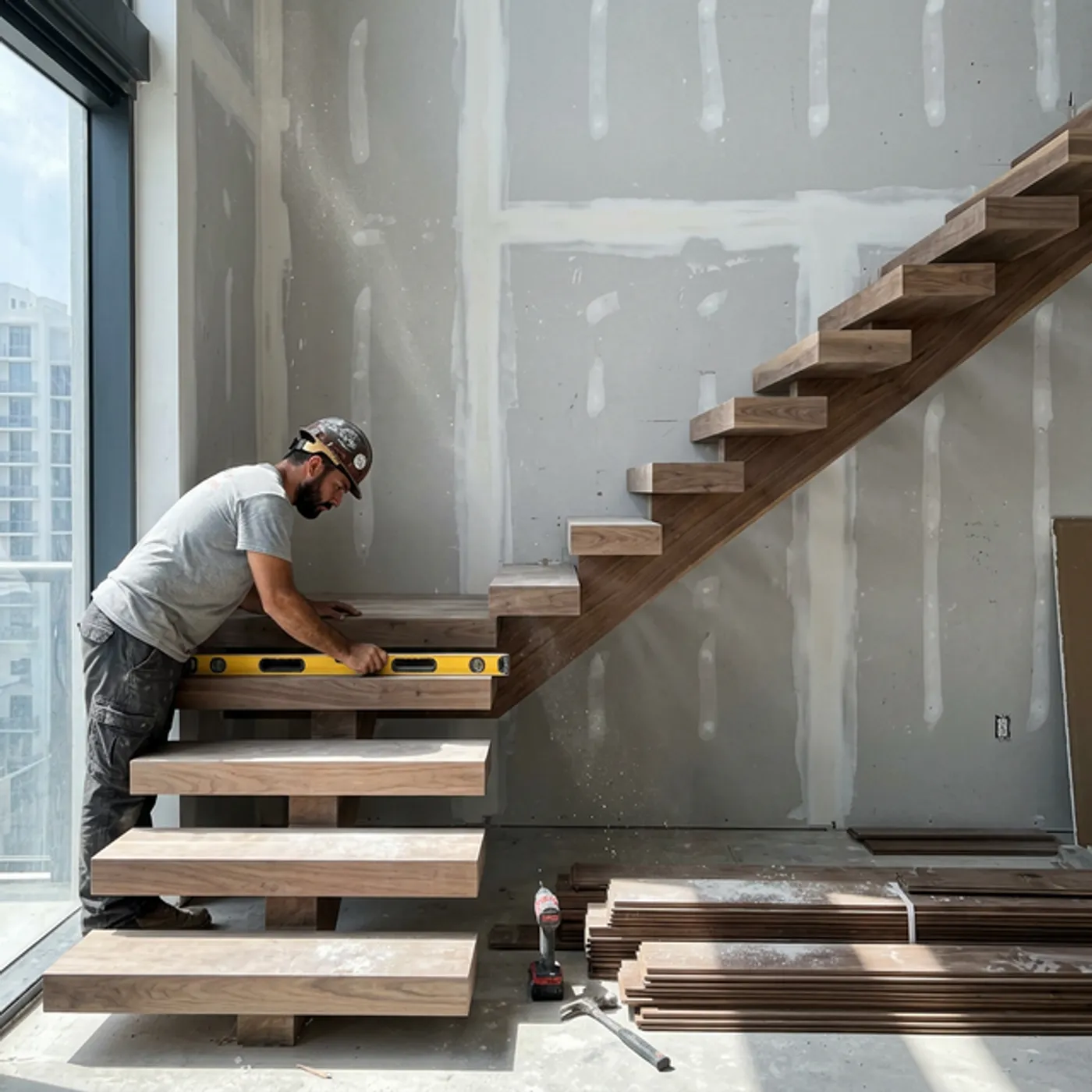 Premium white oak floating stair treads installed in a Nassau County home