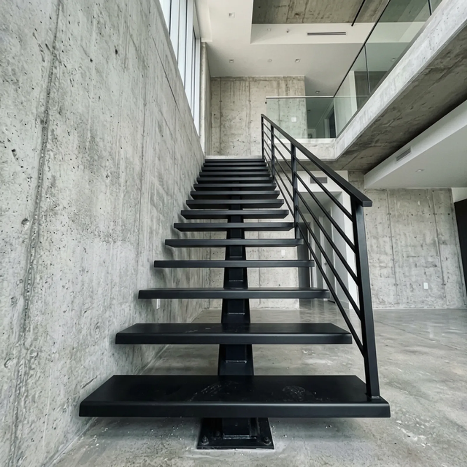 Industrial steel beam floating staircase showing fabrication quality and clean lines